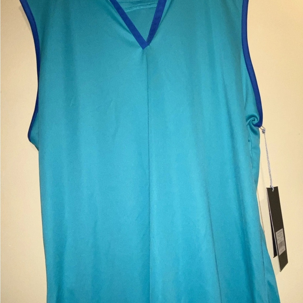 Maggie Lane Women's Golf Top Sleeveless Shirt Mock V Neck Size 2X Teal And Blue